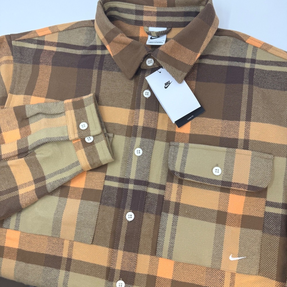 Nike Life Field Shirt Mens Medium Plaid Flannel Brown Orange Loose Fit NEW